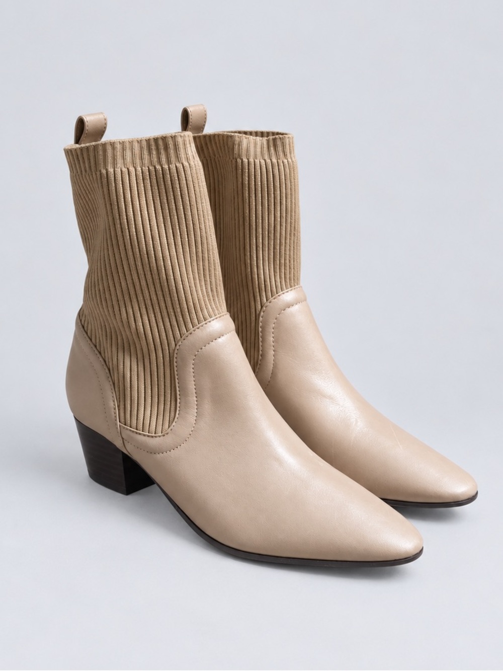 Schutz Women’s Tan Leather Ankle Boots with Ribbed Knit Shaft